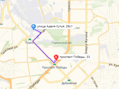 путь эвакуатора: проспект Победы 33 - Аделя Кутуя 26к1