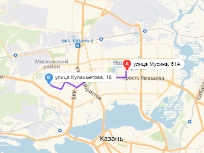 путь эвакуатора: Мусина 61А - Кулахметова 18